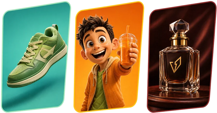 Brand product visuals: sneaker, lifestyle portrait, and perfume bottle