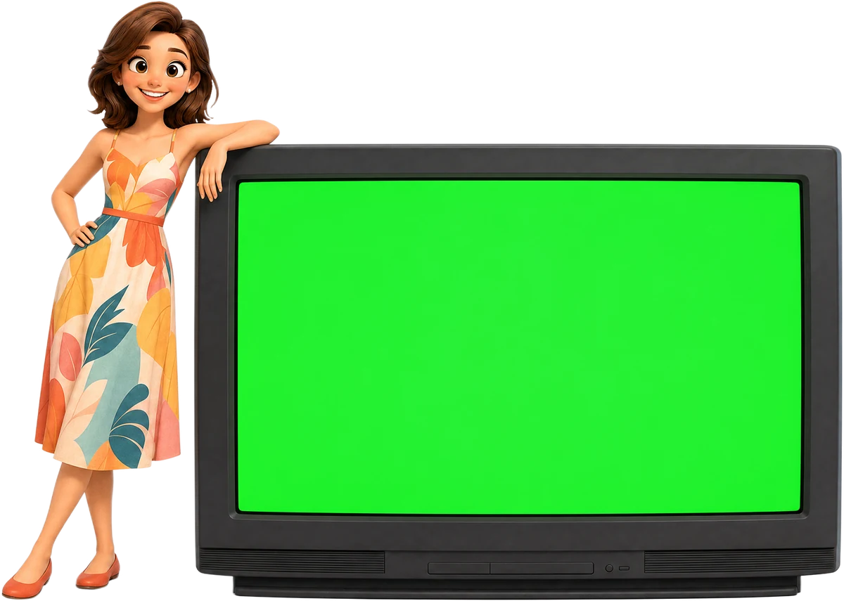 Woman standing next to a retro TV playing the studio's technology preview